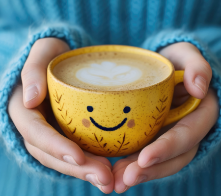 a woman holding a smiley face coffee mug